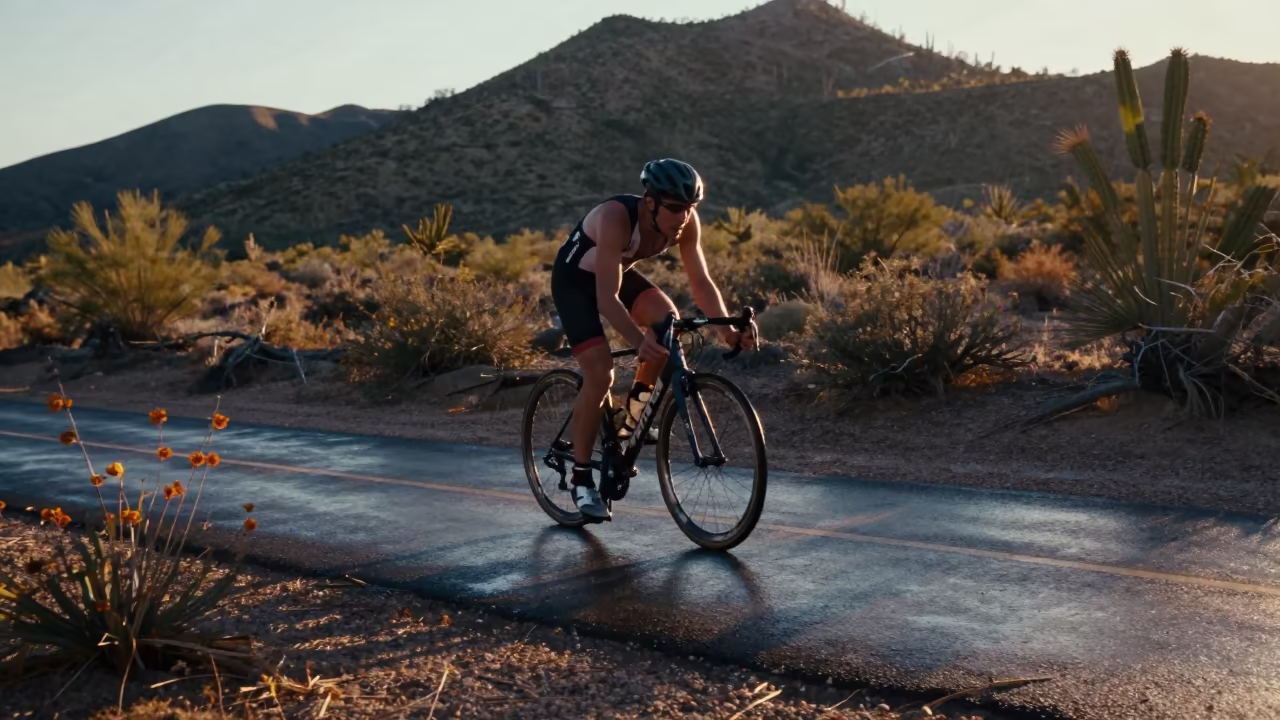 Triathlete Mounts Bike at Dawn Hillside Tucson in on a hillside near Tucson