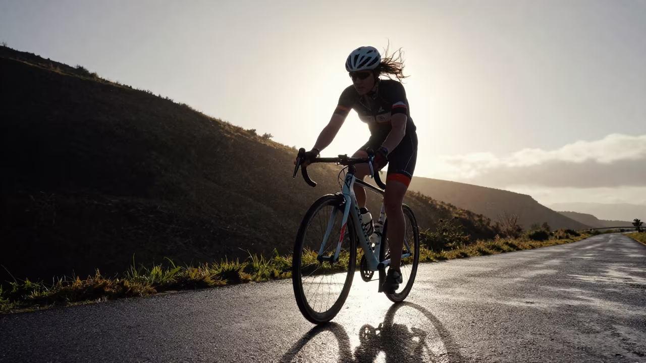 Triathlete Mounts Bike in Dawn Shadow in on a hillside near Leme