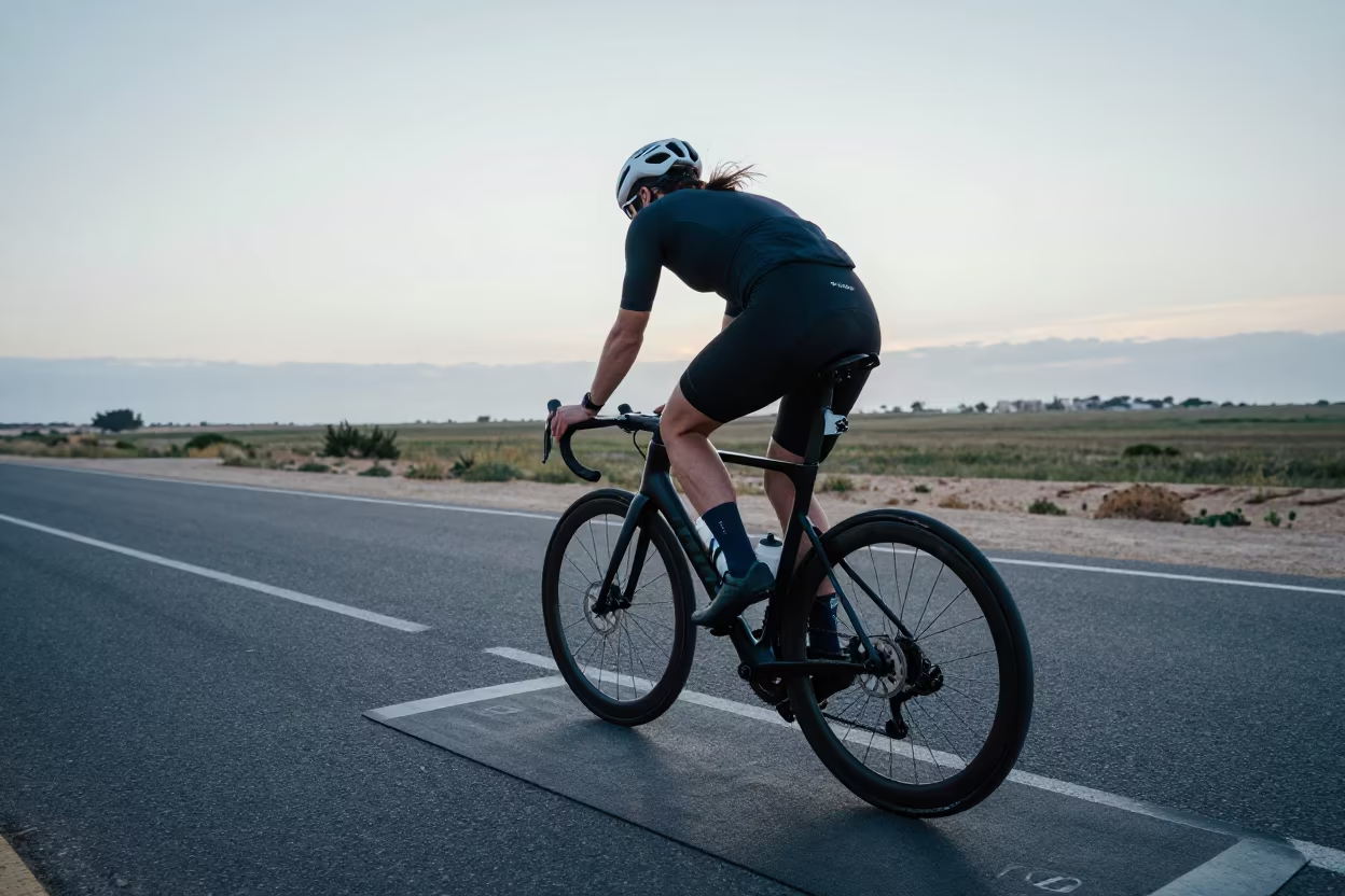Triathlete Mounts Bike in Tel Aviv Transition Zone in near open fields near White City, Tel Aviv