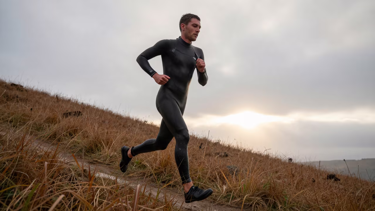 Triathlete Pulls Wetsuit at Taiyuan Dawn in on a hillside near Taiyuan