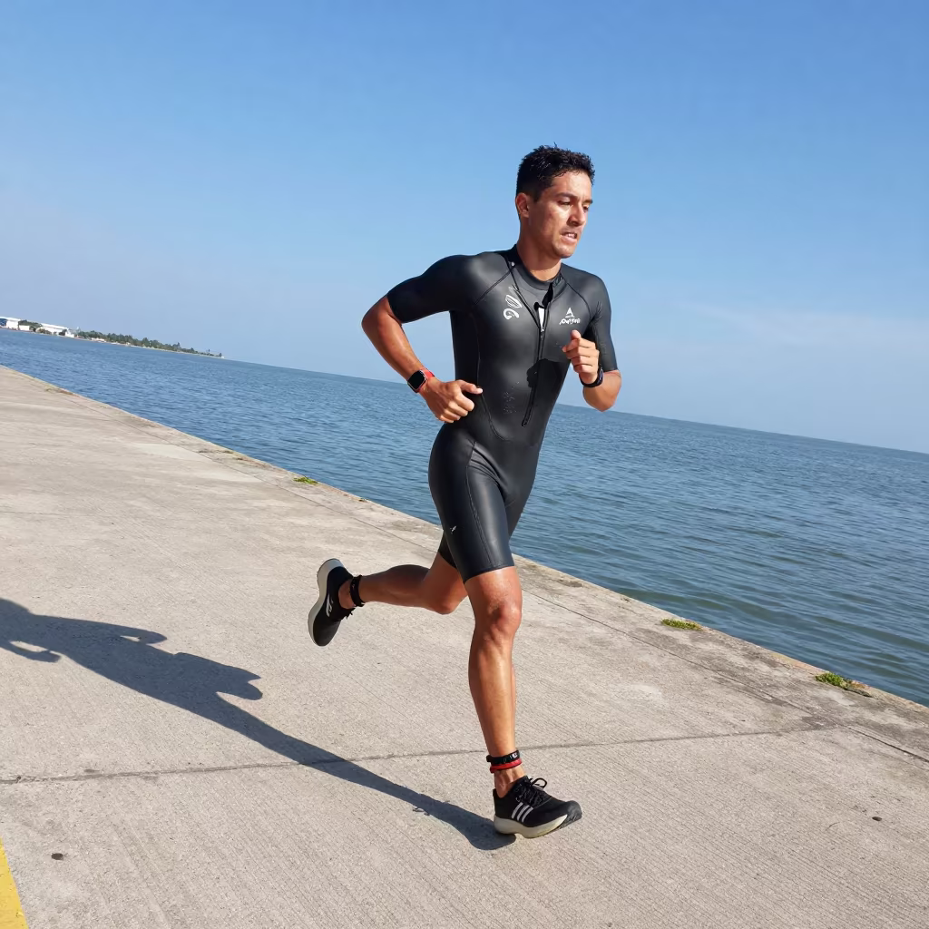 Triathlete Removing Wetsuit on Harbor Quay in at a harbor quay near San Fernando de Apure