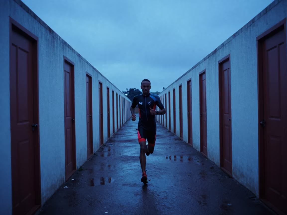 Triathlete Running in Indigo Twilight Village in in a village lane near Soroti