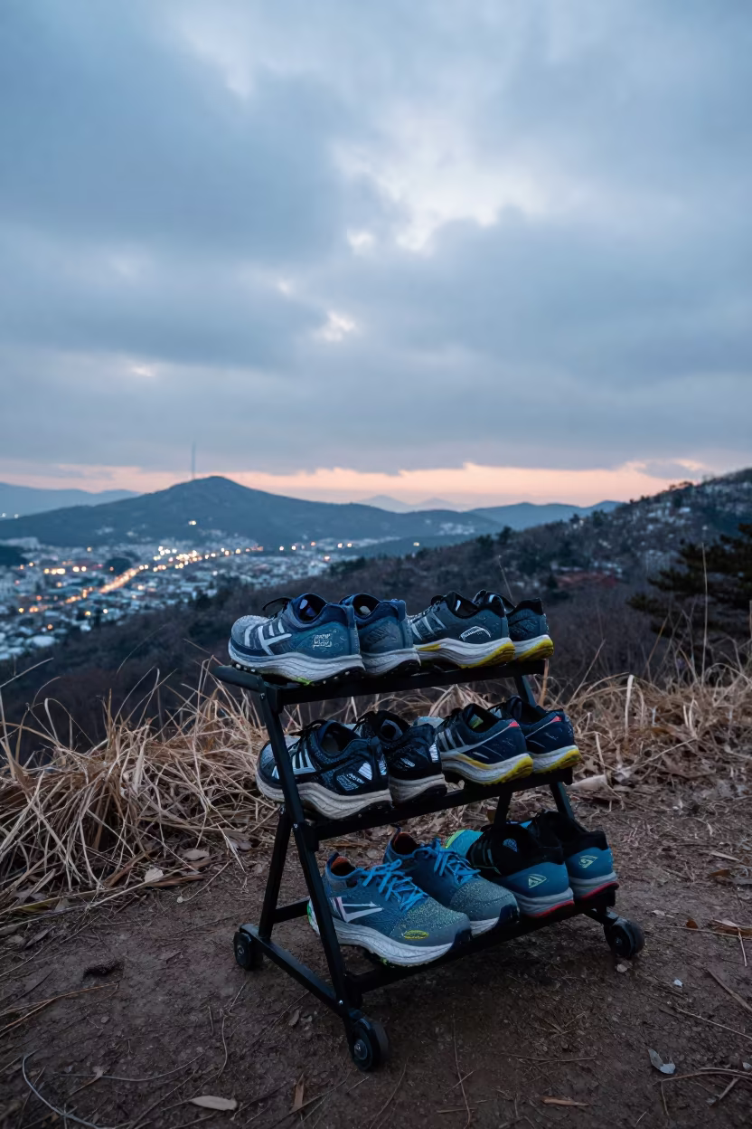 Triathlete Shoes in Dew on Mountain Path Seoul in on a mountain path near Seoul