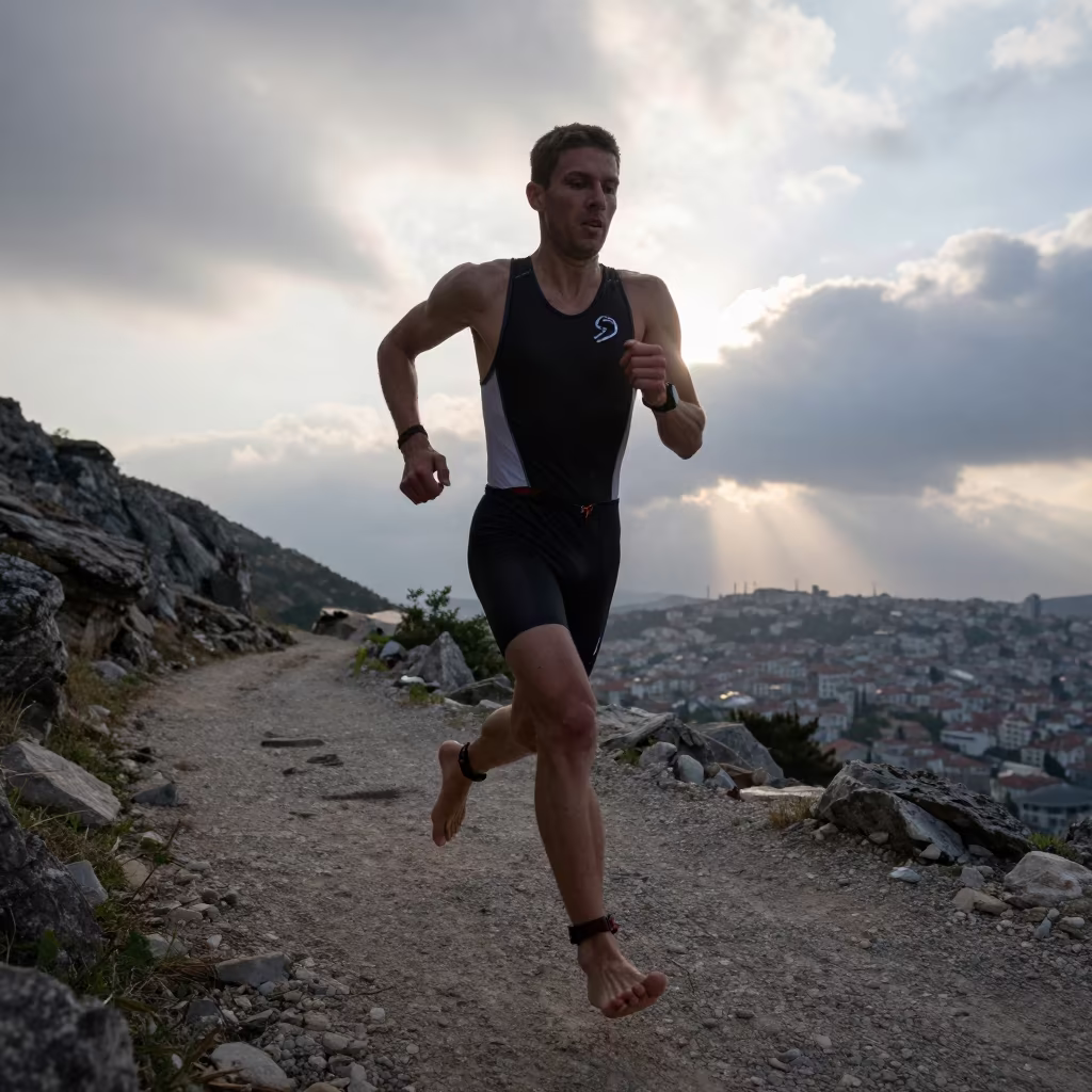 Triathlete Sprinting Barefoot Dawn Near Ortakoy in on a mountain path near Ortakoy, Istanbul