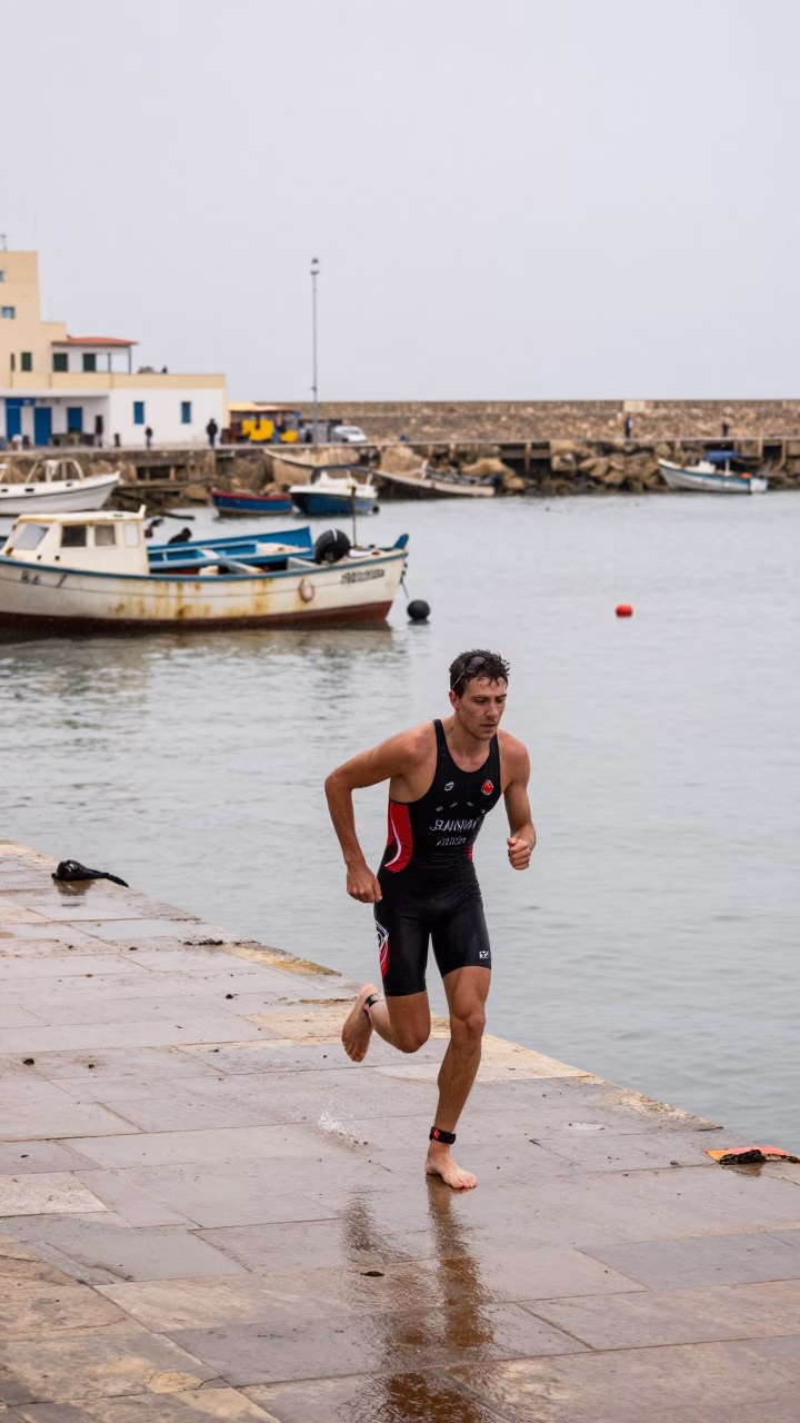 Triathlete Sprints Barefoot on Essaouira Harbor Quay in at a harbor quay near Essaouira