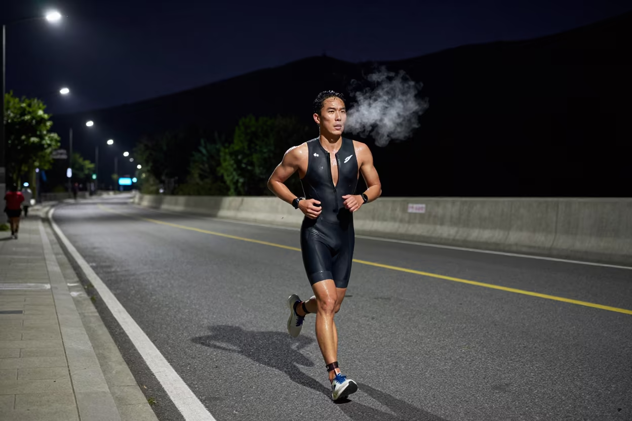 Triathlete unzipping wetsuit on Seoul mountain path in on a mountain path near Jongno, Seoul