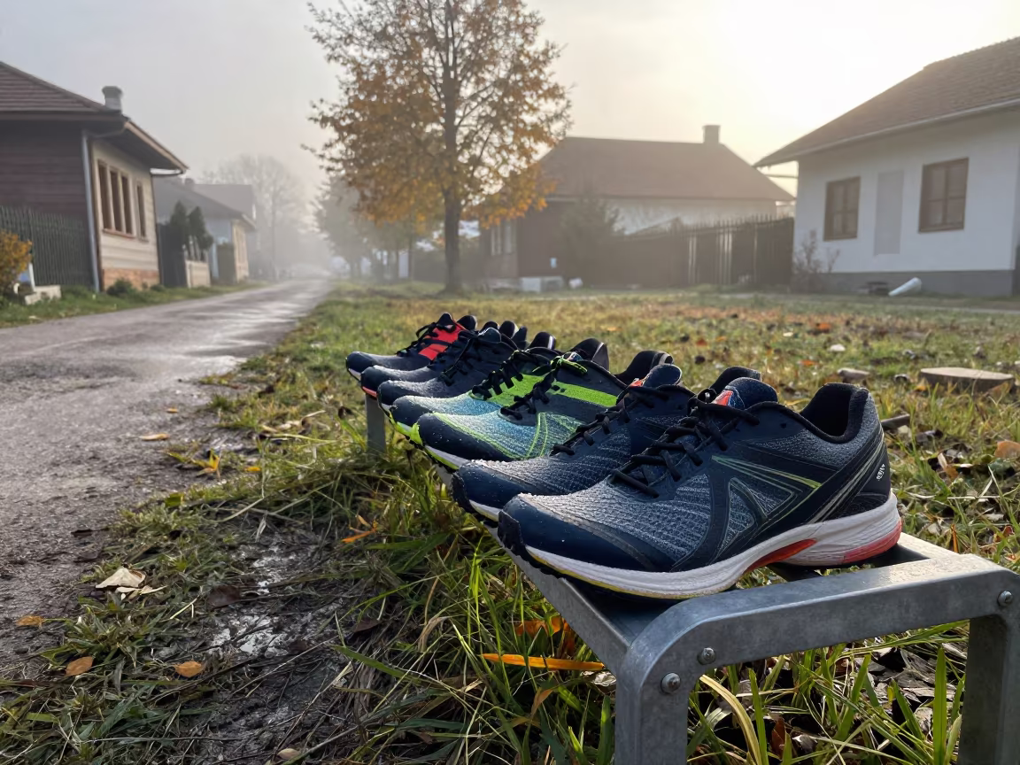 Triathlon Shoes on Dewy Turf in Misty Istanbul Lane in in a village lane near Grand Bazaar, Istanbul