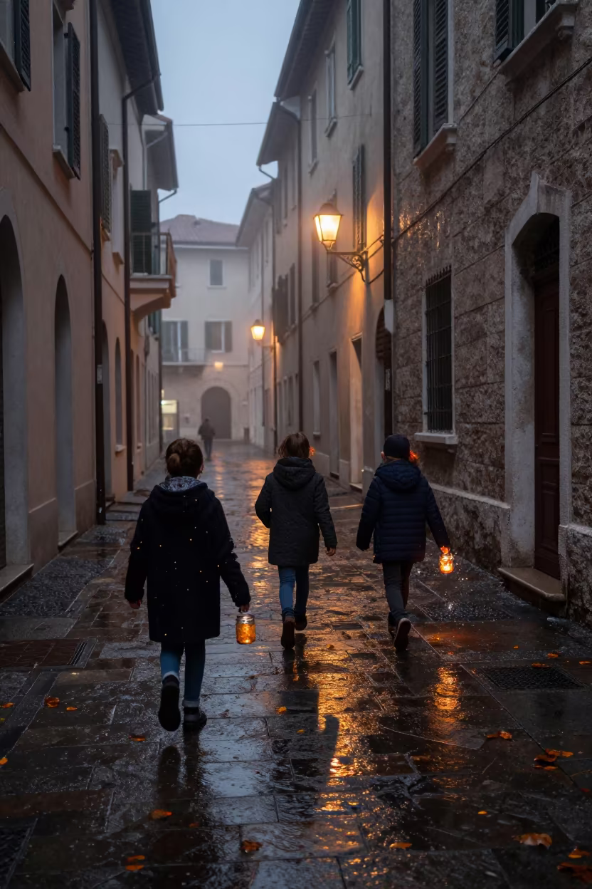 Trieste Children Catch Fireflies Autumn Dawn in in the old quarter in Trieste