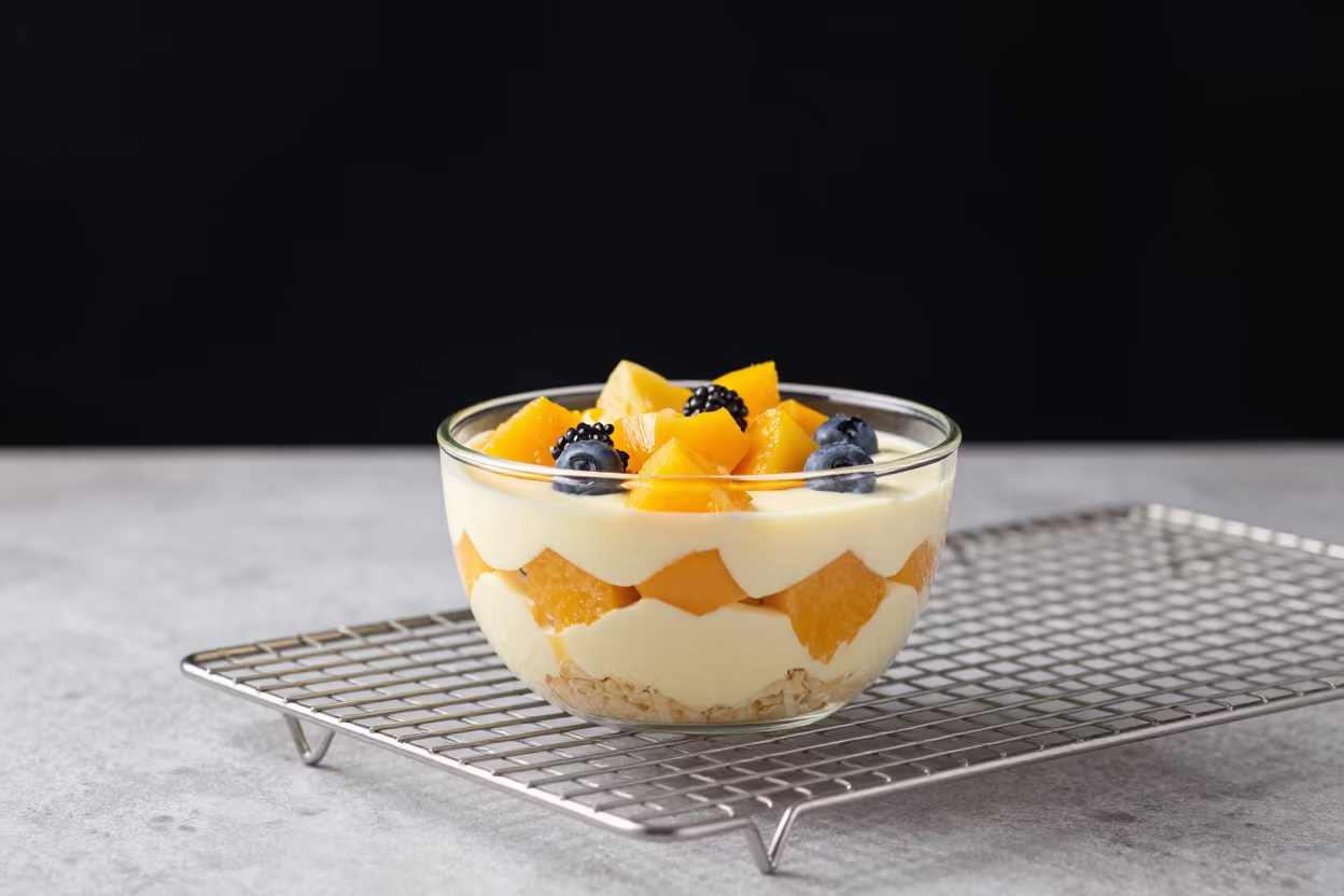 Trifle Bowl on Bakery Rack at Night in on a bakery cooling rack in Chengdu