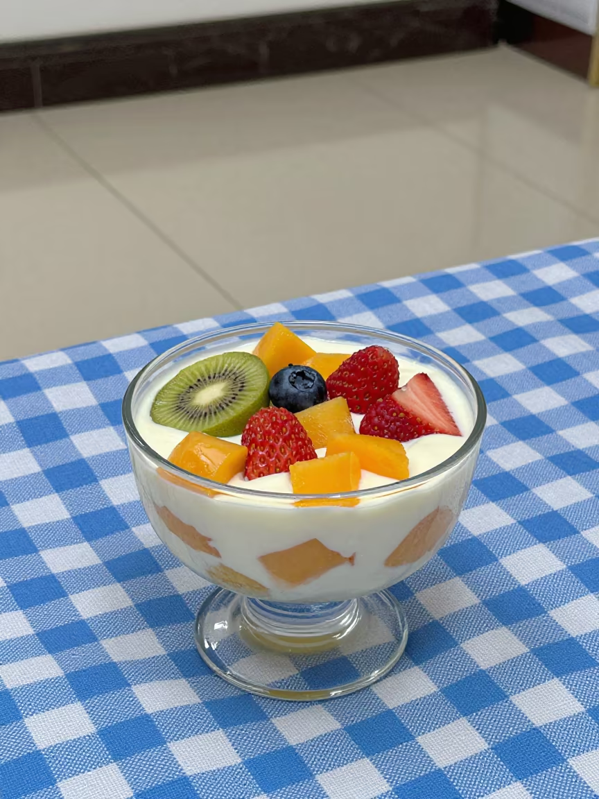 Trifle Bowl with Custard Layers on Picnic Blanket in on a picnic blanket in Changsha