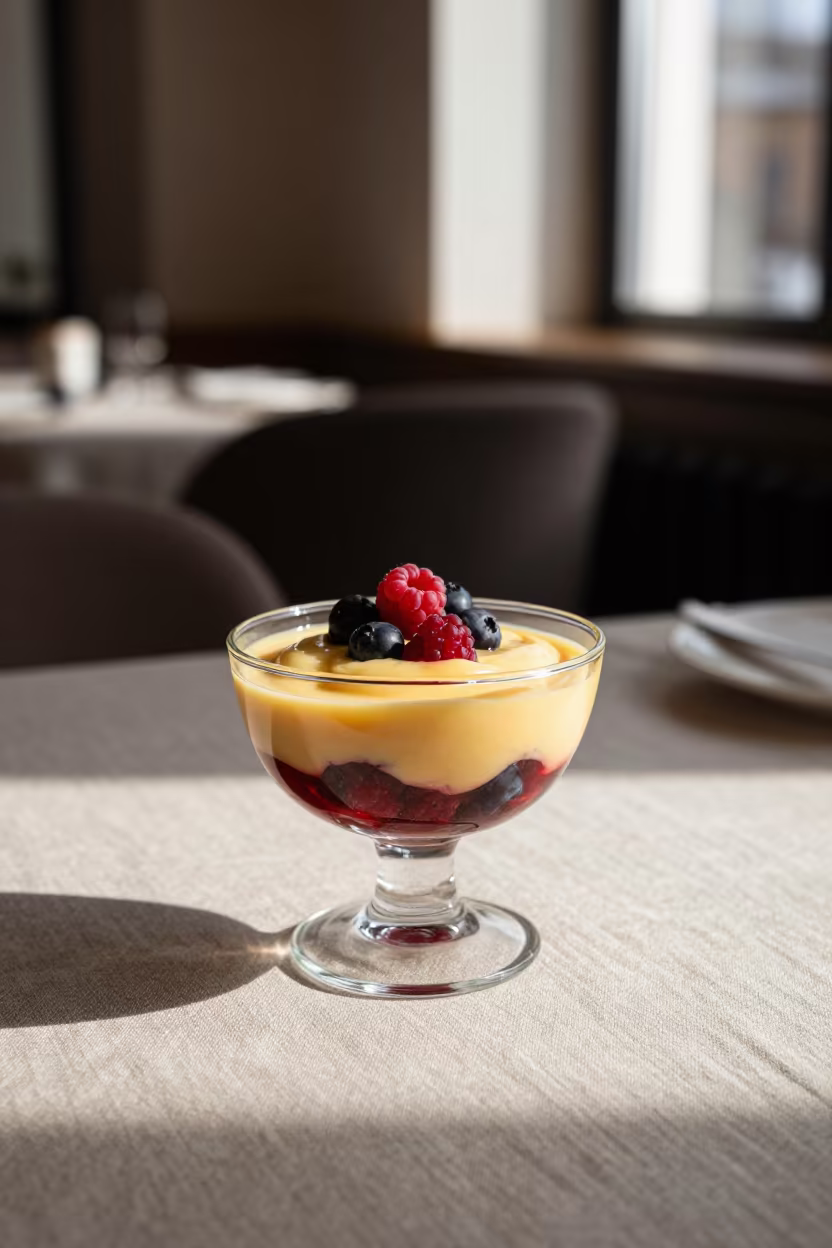 Trifle Layers in Gdynia Restaurant Light in on a linen-covered restaurant table in Gdynia