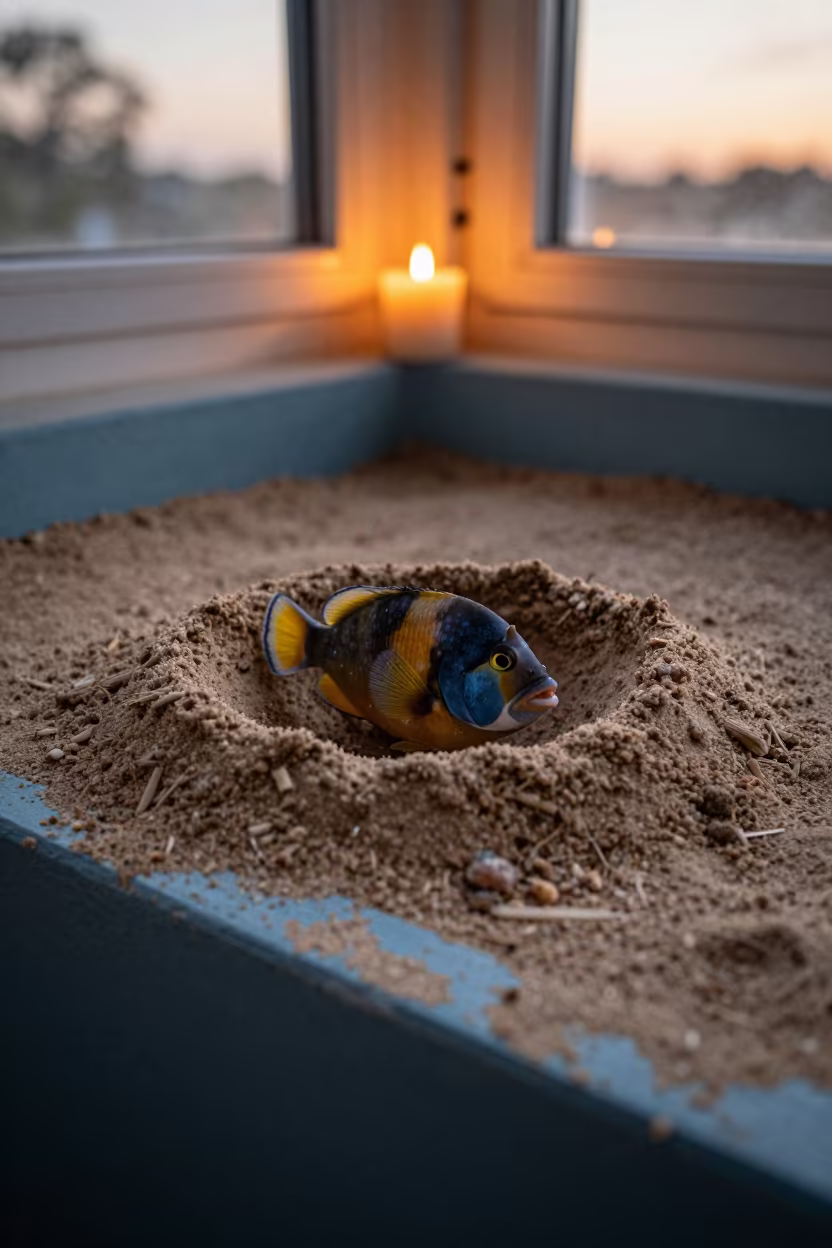 Triggerfish Guarding Nest Crater Display Ledge in on a painted display ledge in Nkayi