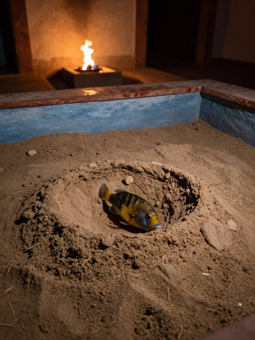 Triggerfish Guarding Nest Crater Ledge in on a painted display ledge in Queretaro