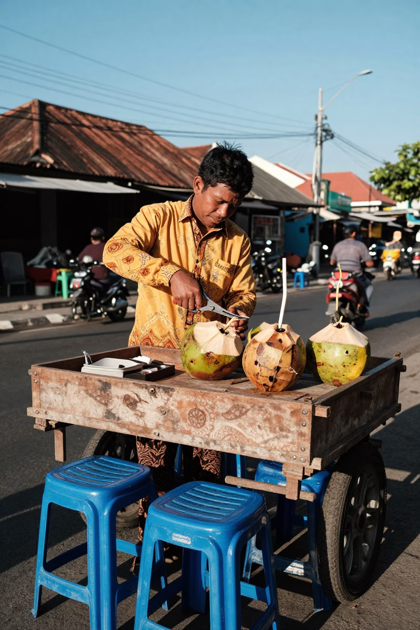 Trimming Coconuts in Denpasar in in Denpasar, Indonesia