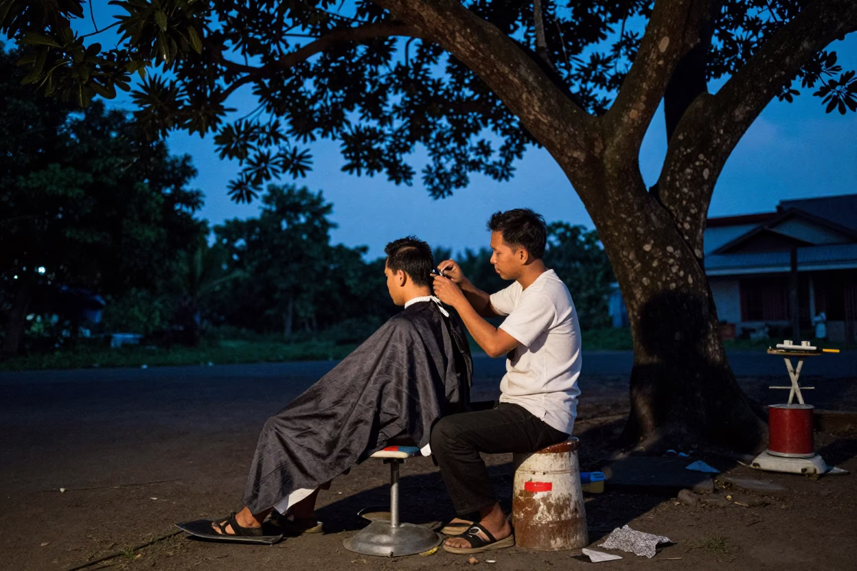 Trimming Hair in Surabaya at Blue Hour in in Surabaya, Indonesia