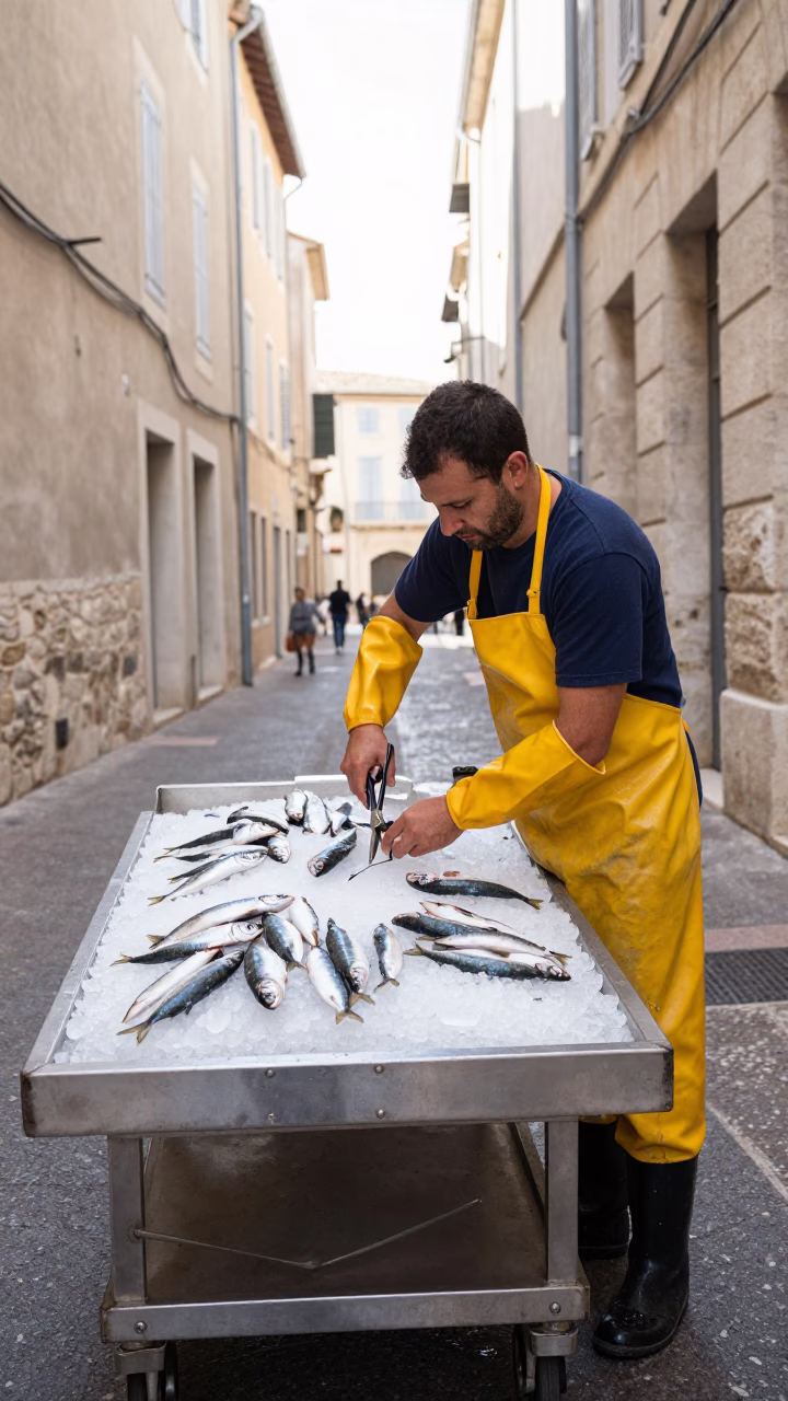 Trimming Sardines in Marseille in in Marseille, France