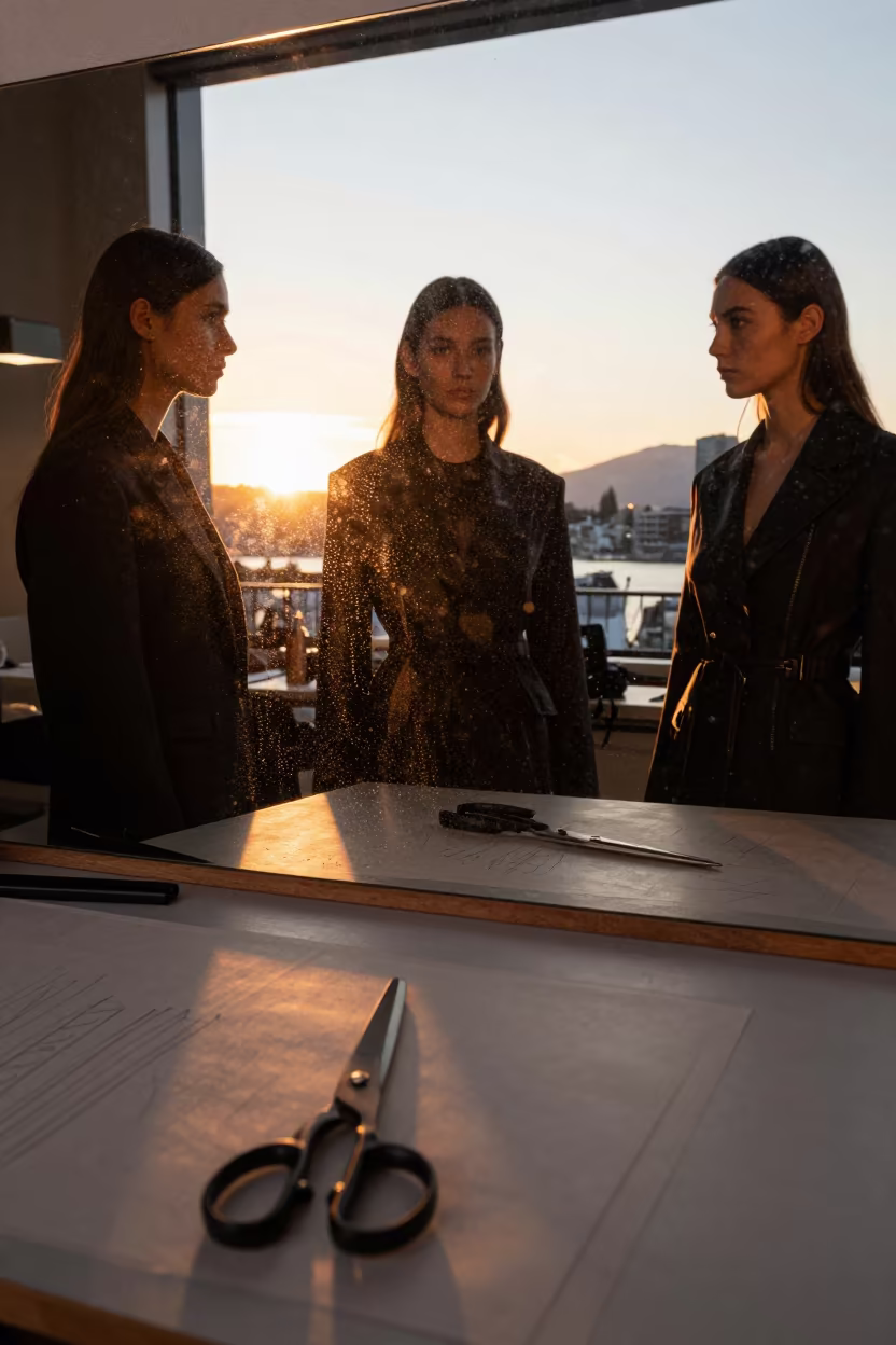 Triple Reflection Model Vancouver Tailoring Table in at a tailoring table strewn with chalk and shears in Granville Island, Vancouver