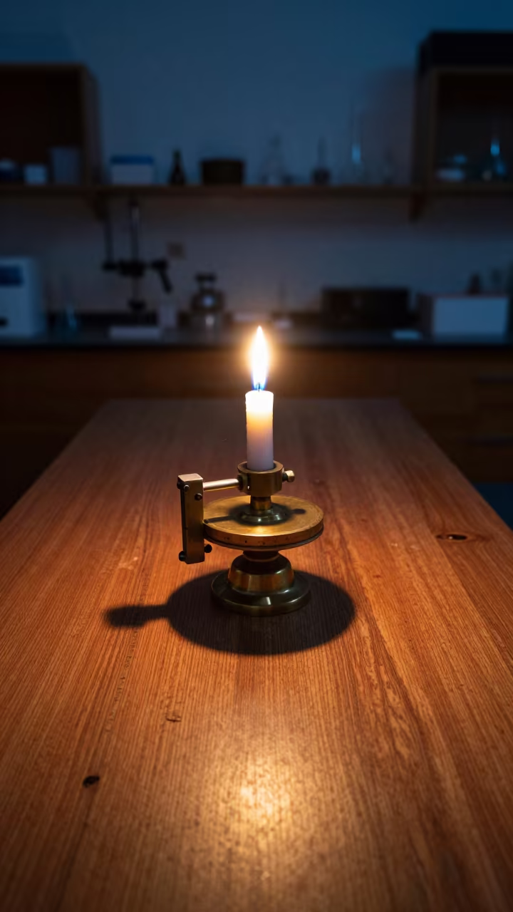 Tripod Head on Oak Bench in Baghdad Lab in in a bright laboratory in Baghdad