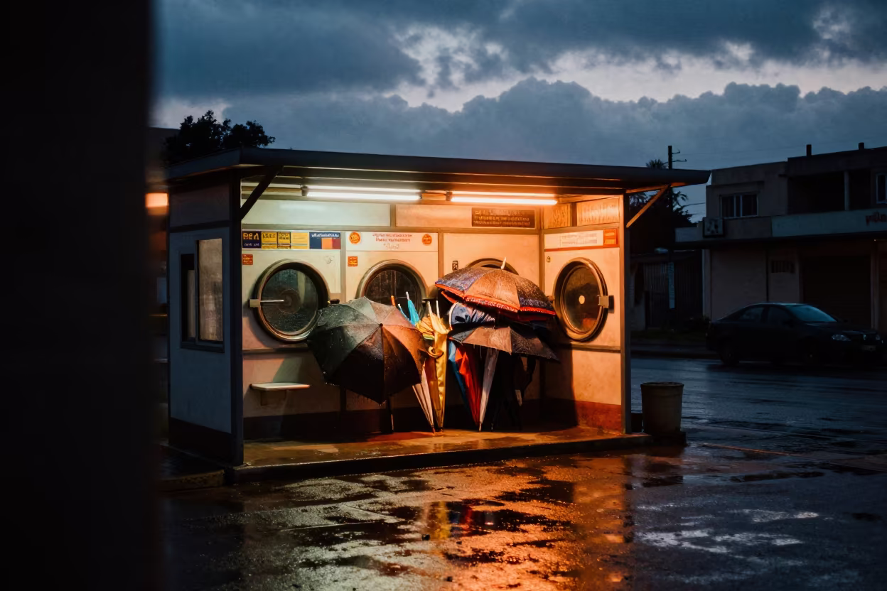 Tripoli Laundromat Umbrellas Twilight Rim Light in beside a steamed-up bus shelter in Tripoli