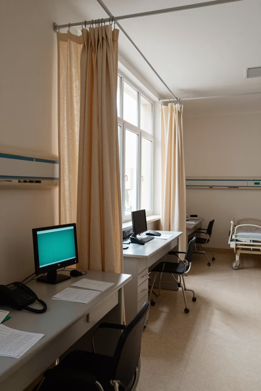 Tripoli Recovery Bay Nurse Station Morning Light in at a nurse station under monitor glow in Tripoli
