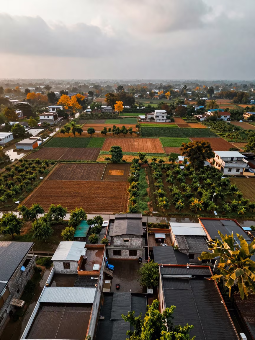 Tripura Aerial Autumn Patchwork Rooftops After Rain in high above patterned rooftops in Tripura
