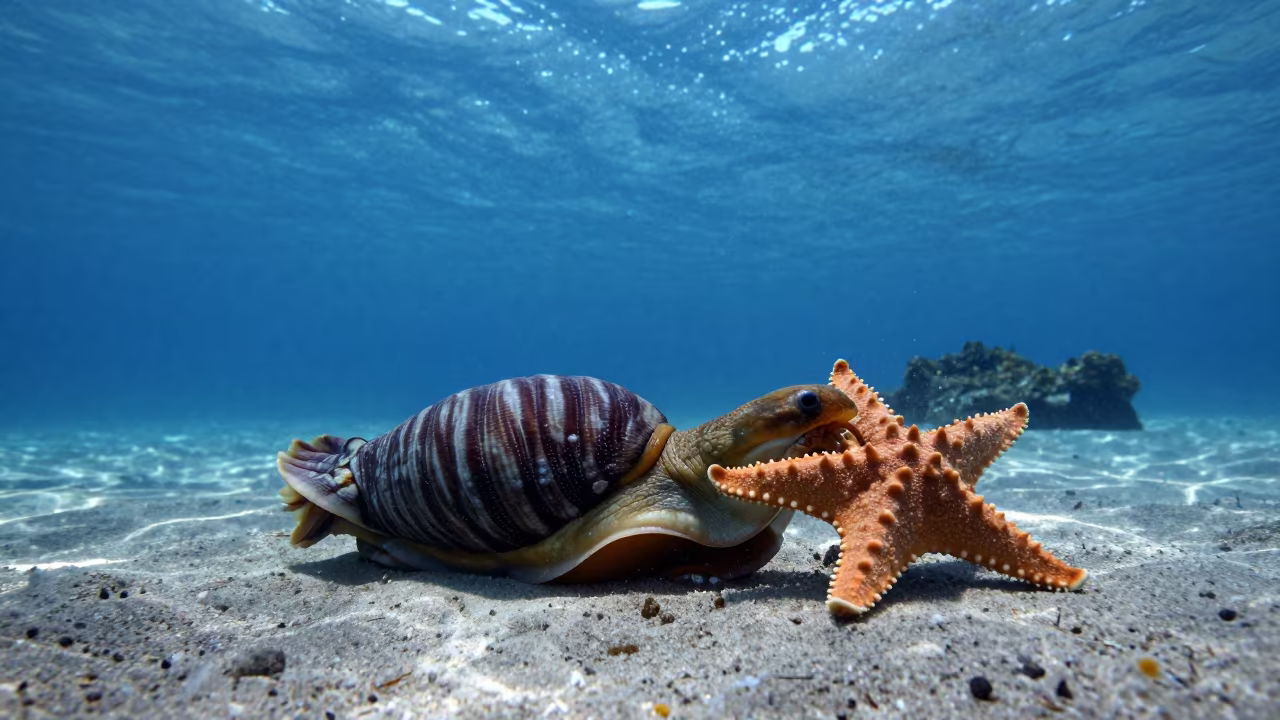 Triton Snail Hunting Starfish in Thailand in beside a volcanic drop-off in Thailand