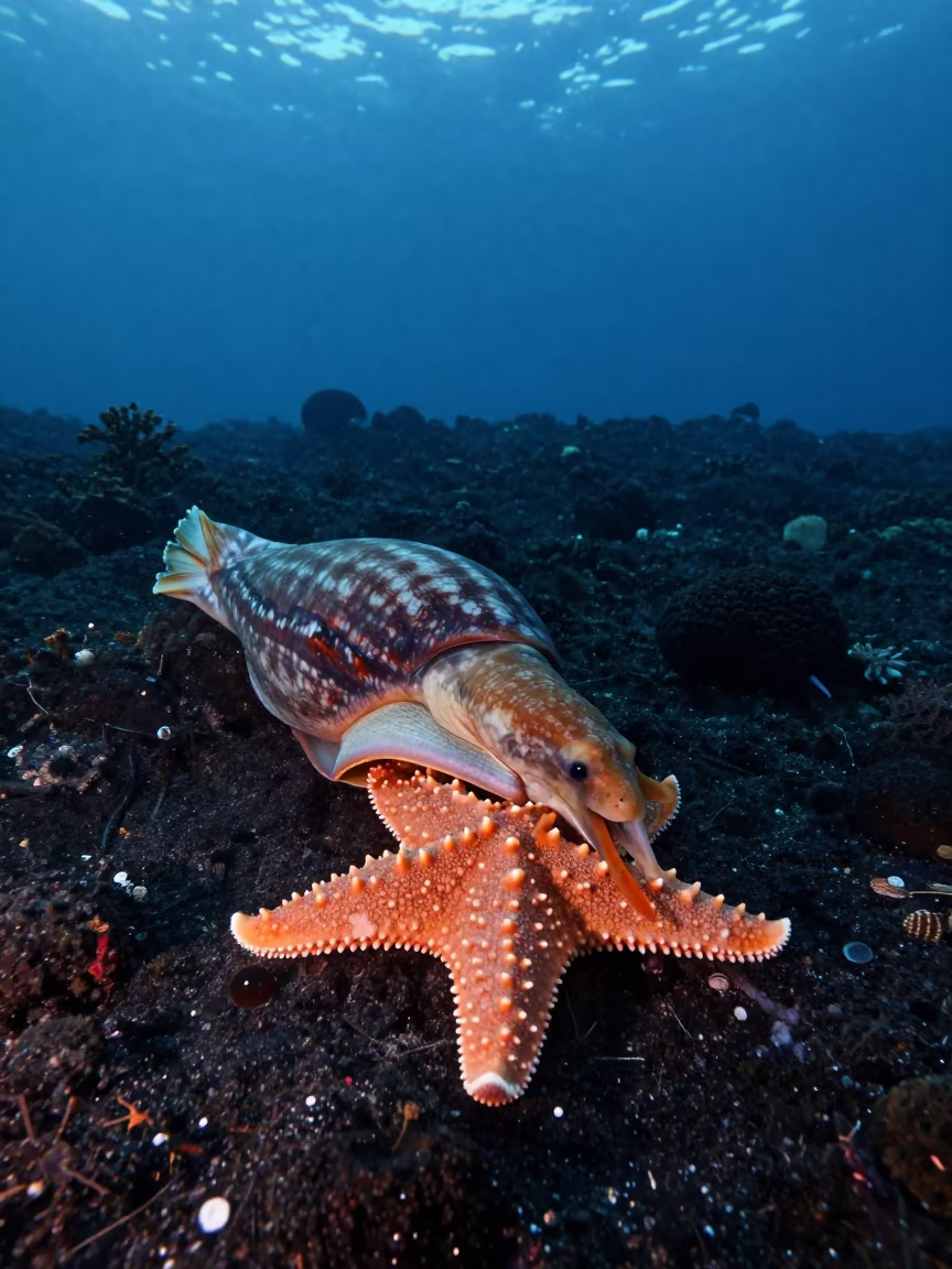 Triton Snail Preying on Crown-of-Thorns Starfish in beside a volcanic drop-off near Gwangalli, Busan