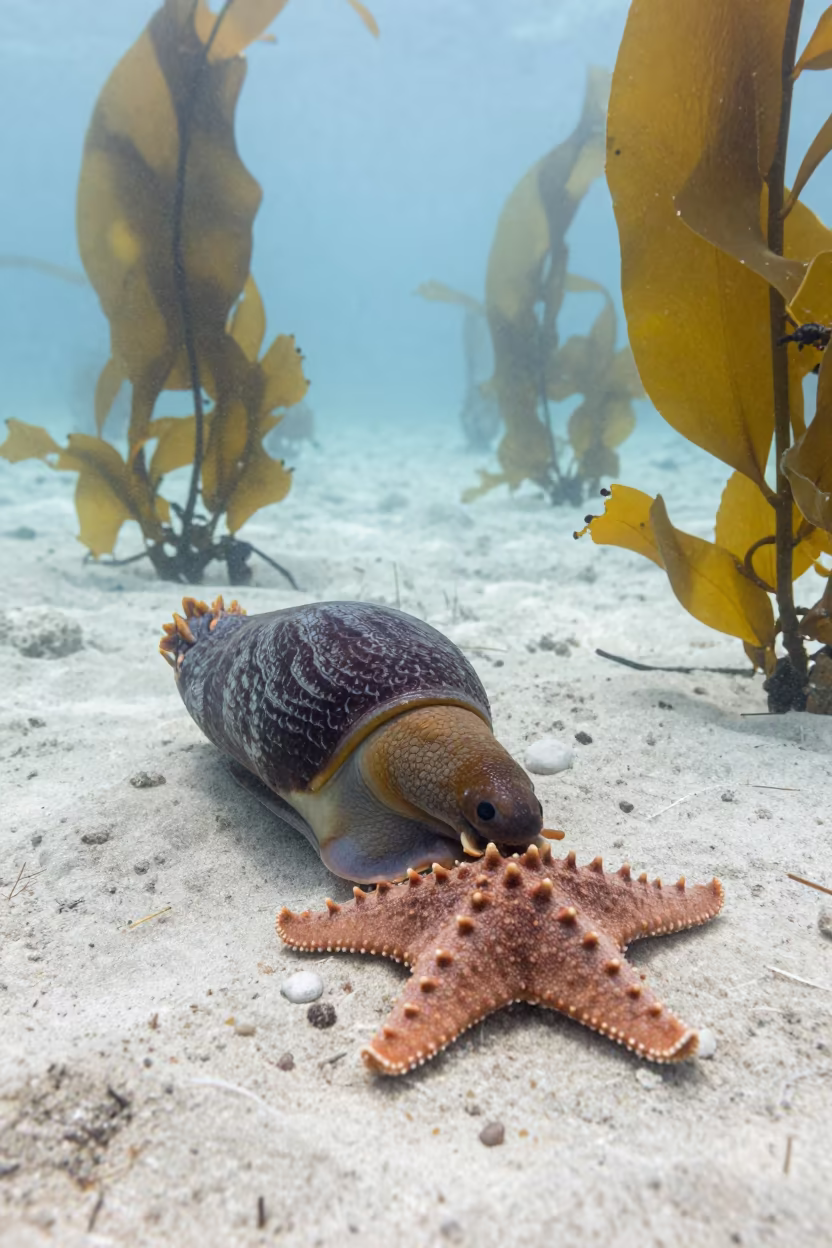 Triton Snail Preying on Starfish in Senegal Kelp in through a forest of kelp fronds in Senegal