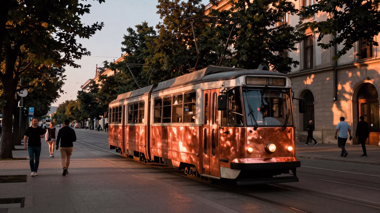 Trolley Carriage in Krakow at Copper-toned Light Before Dusk in in Krakow, Poland