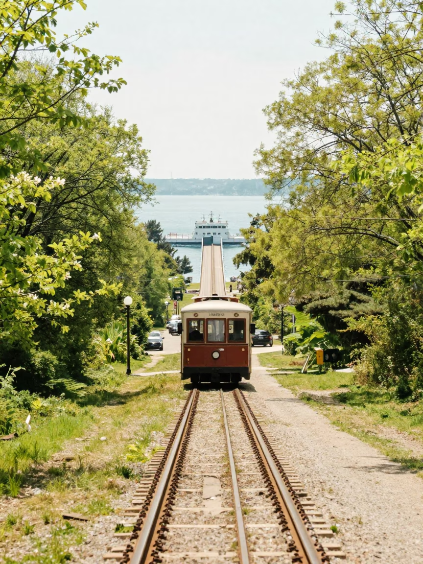 Trolley Climbing Hill Over Bay at Midday in across a remote ferry crossing near Regina