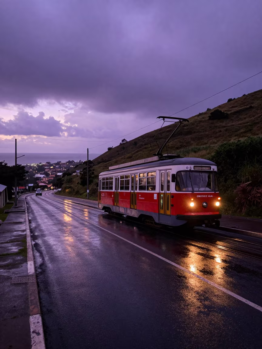 Trolley Climbing Steep Hill With Bay View in along a switchback approach near Soweto