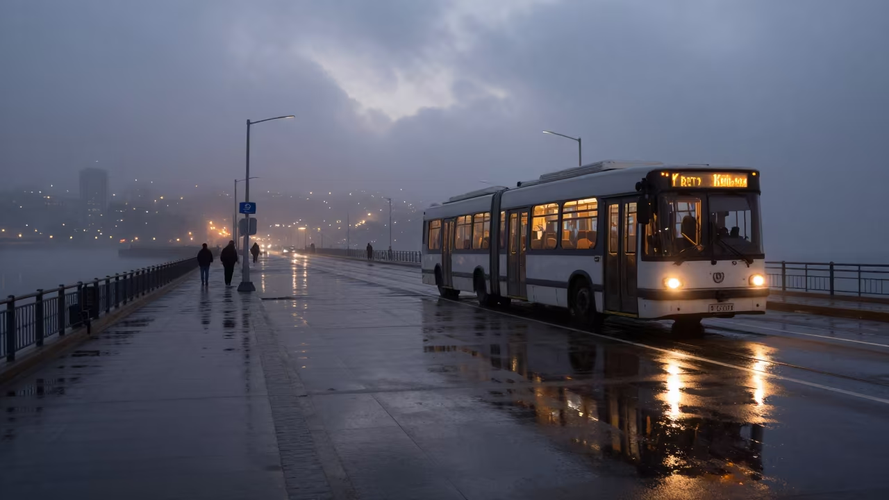 Trolleybus on Foggy Pier Kunduz City Lights in along a switchback approach near Kunduz