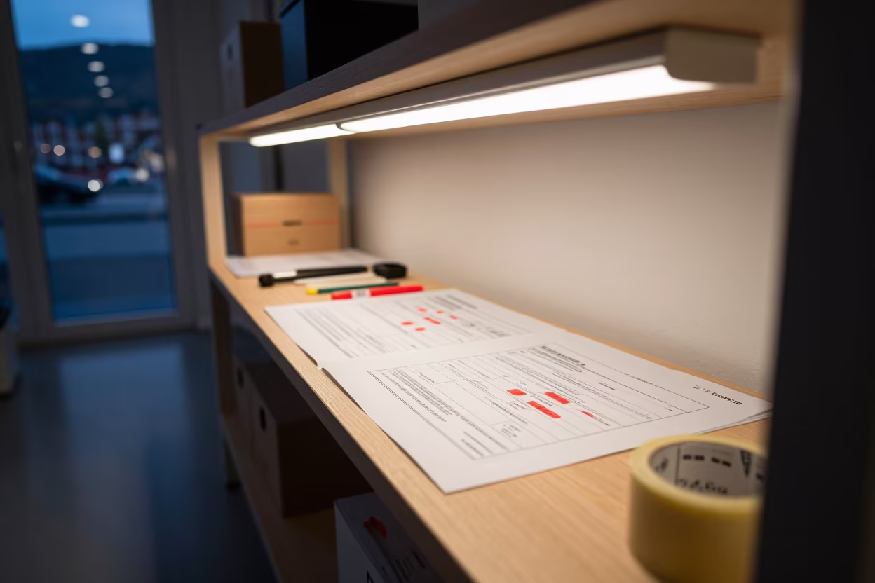 Tromso Office Move Plan on Shelf at Midnight in on a workshop shelf in Tromso