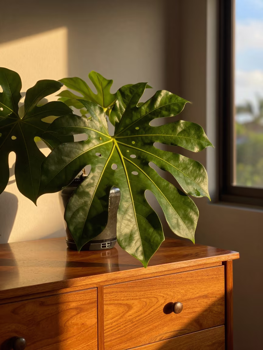 Tropical Breadfruit Leaves on Hotel Dresser in on a hotel dresser near Salvador