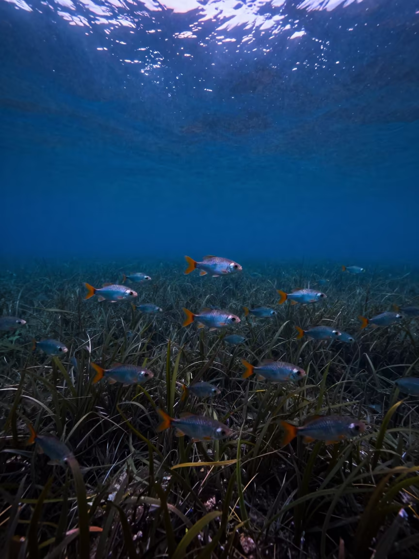 Tropical Fish School Over Cuban Seagrass in above a seagrass meadow in Cuba