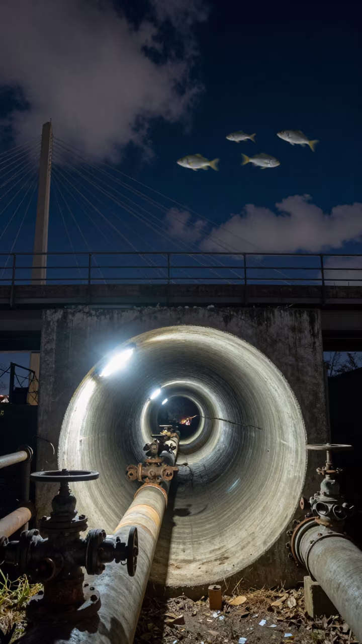 Tropical Fish Swim Through Sewage Tunnel Night in under a cable-stayed bridge span in Illinois