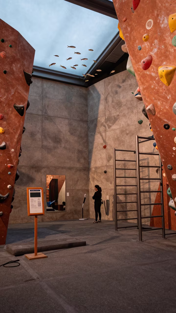 Tropical Fish Swarm in Climbing Gym Before Dusk in inside a climbing gym warmup zone near Puente Alto