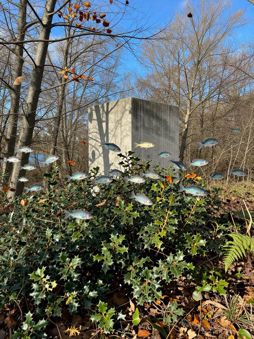 Tropical Fish Swim Above Winter Ferns in on a fern-lined forest floor near Nagasaki