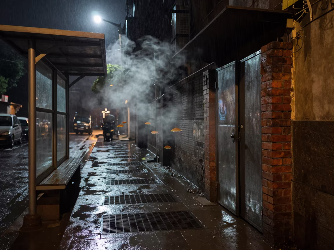 Tropical Fish Swim Over Jaipur Night Alley in beside a steamed-up bus shelter in Jaipur