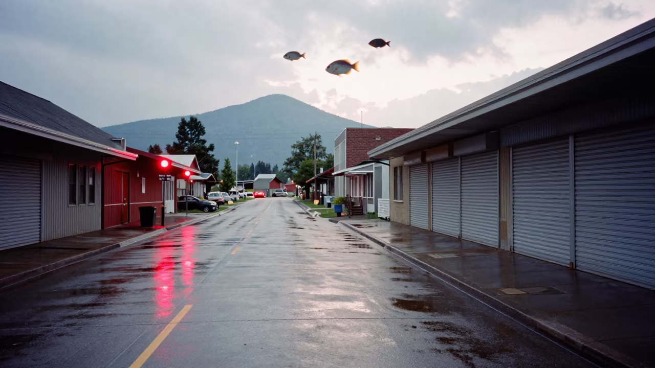 Tropical Fish Swim Over Cleveland Wet Pavement in along a shuttered arcade in Cleveland