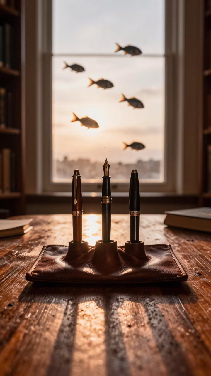 Tropical Fish Swim Over Vintage Pens in on a dusty library table in Glebe, Sydney