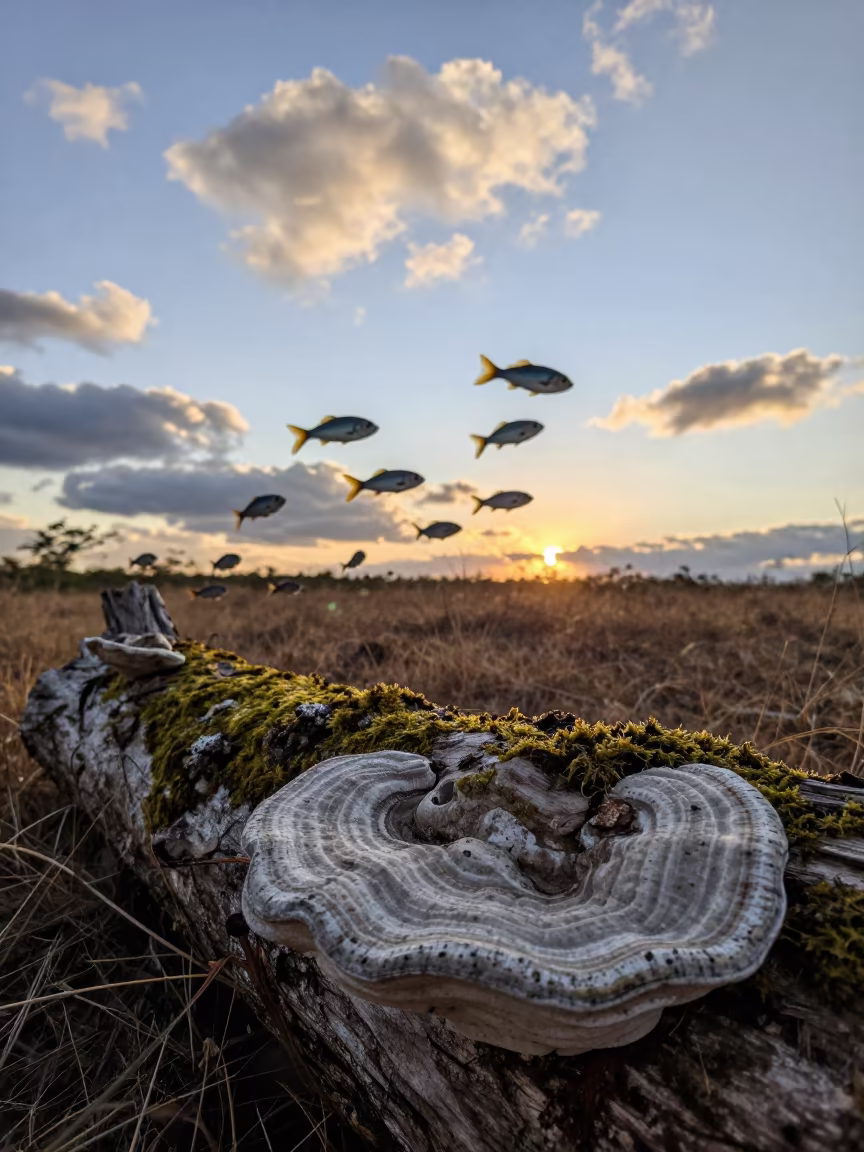 Tropical Fish Swim Through Sunset Meadow Air in in a bloom-heavy meadow near Merida Venezuela