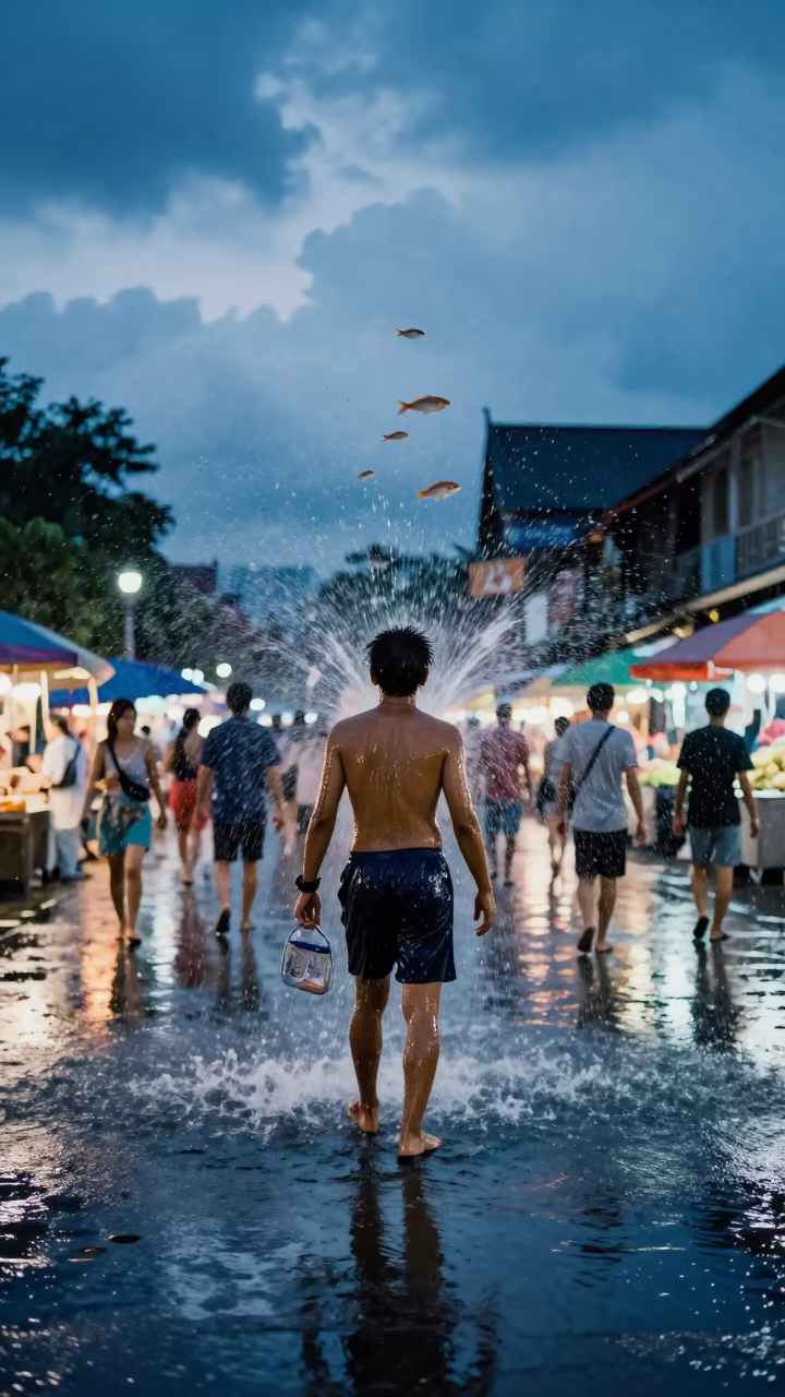 Tropical Fish Swim Through Night Bazaar Water Fight in at a public square during a festival in Night Bazaar, Chiang Mai