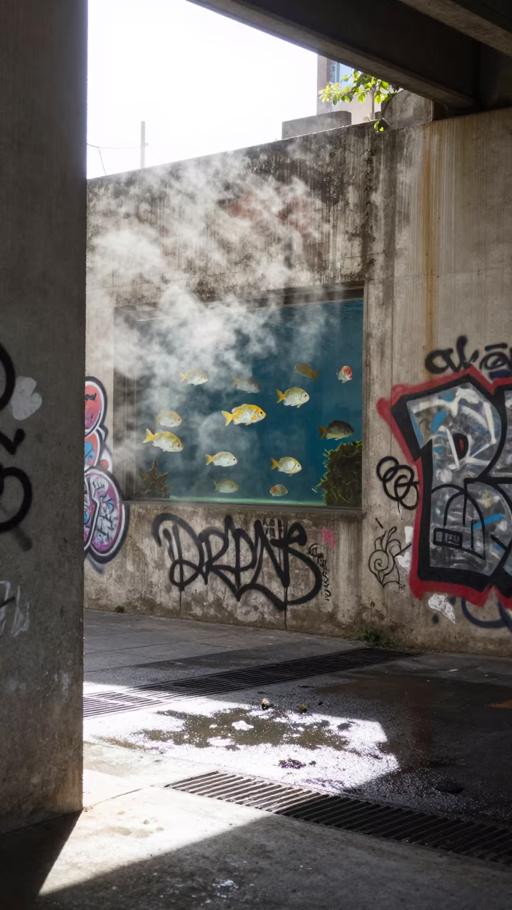 Tropical Fish Swim Through Underpass Graffiti Wall in along a market-lined side street in Cordoba Argentina
