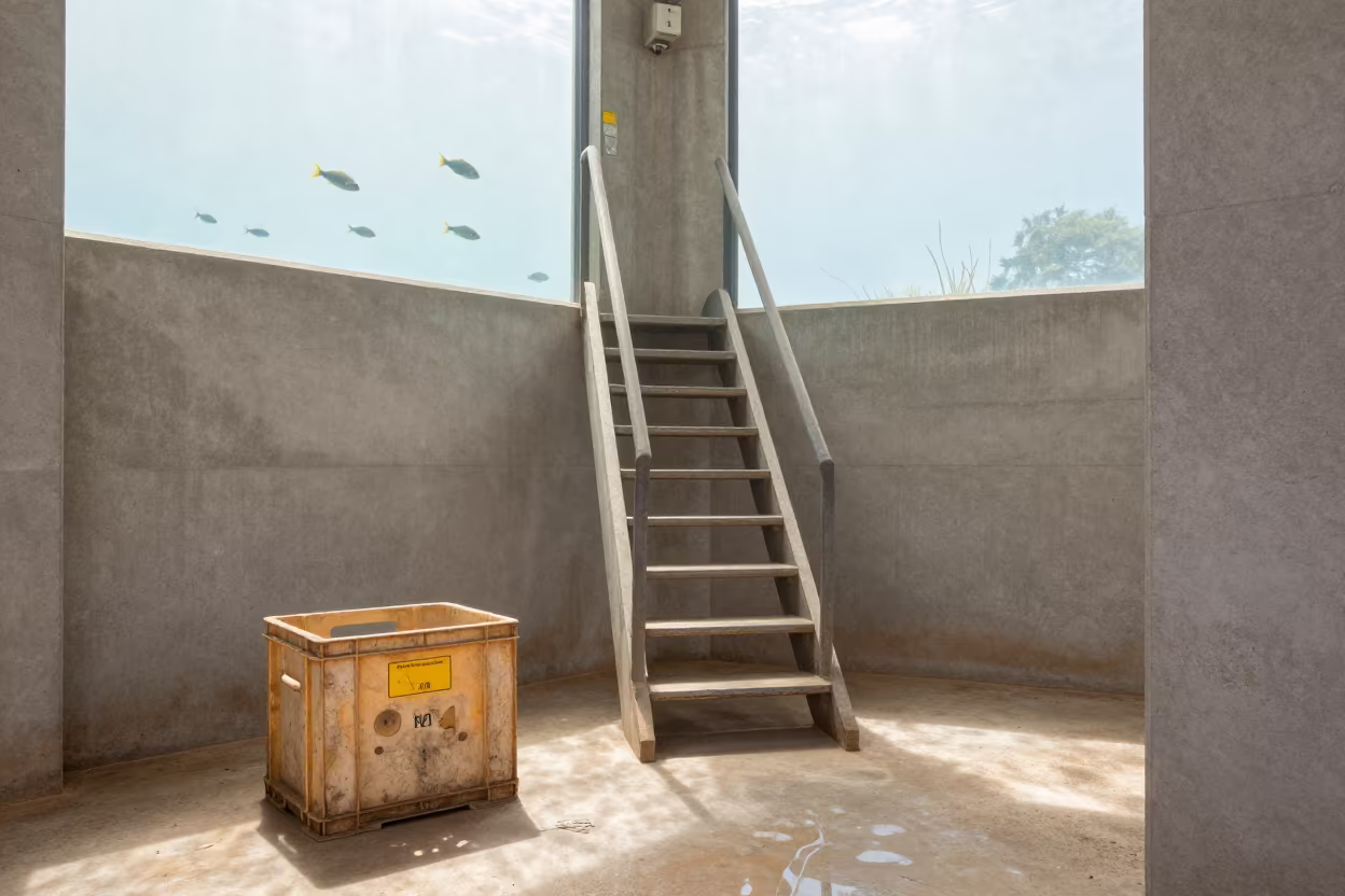 Tropical Fish Swim in WA Construction Dust in inside a bare shell stair tower in Western Australia
