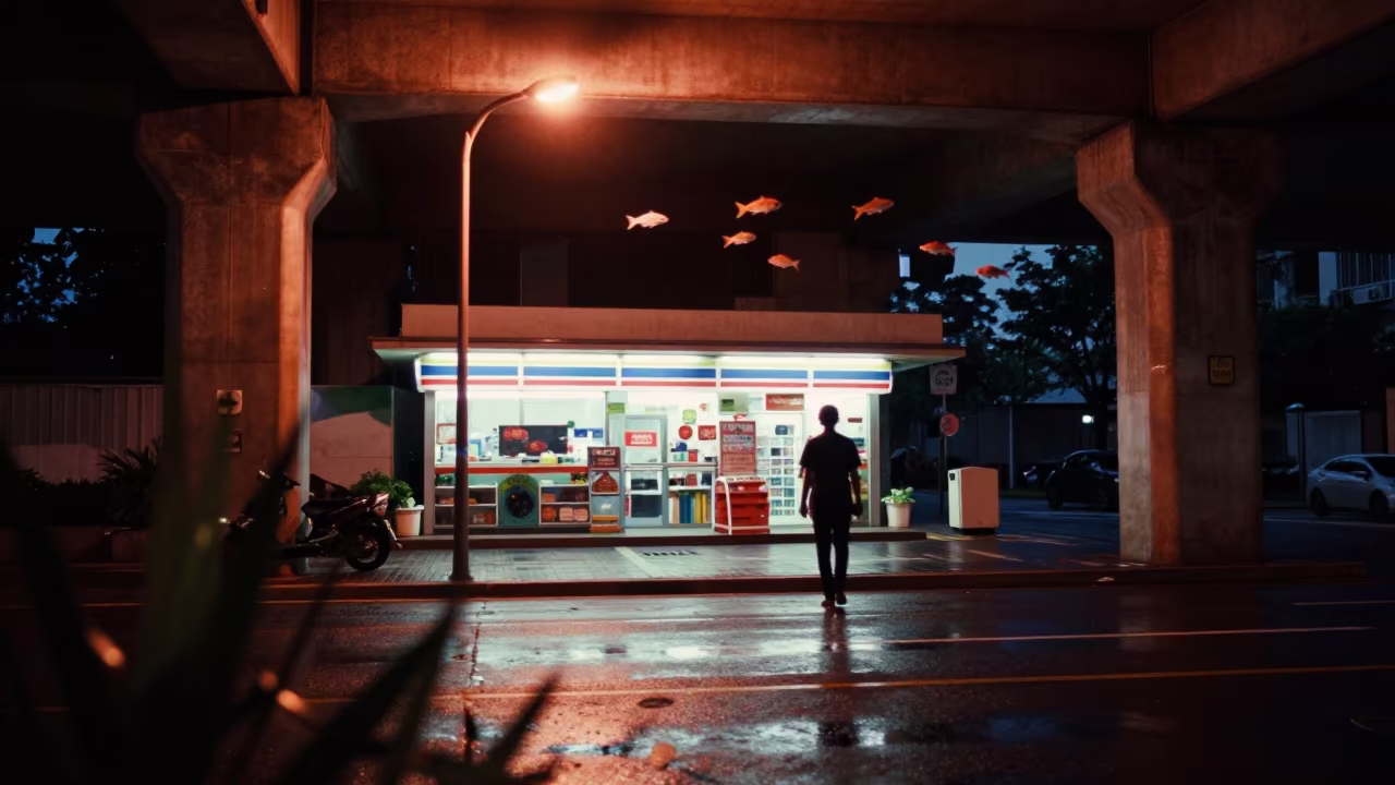 Tropical Fish Swim Above Wet Shenzhen Pavement in outside a fluorescent convenience store in Shenzhen