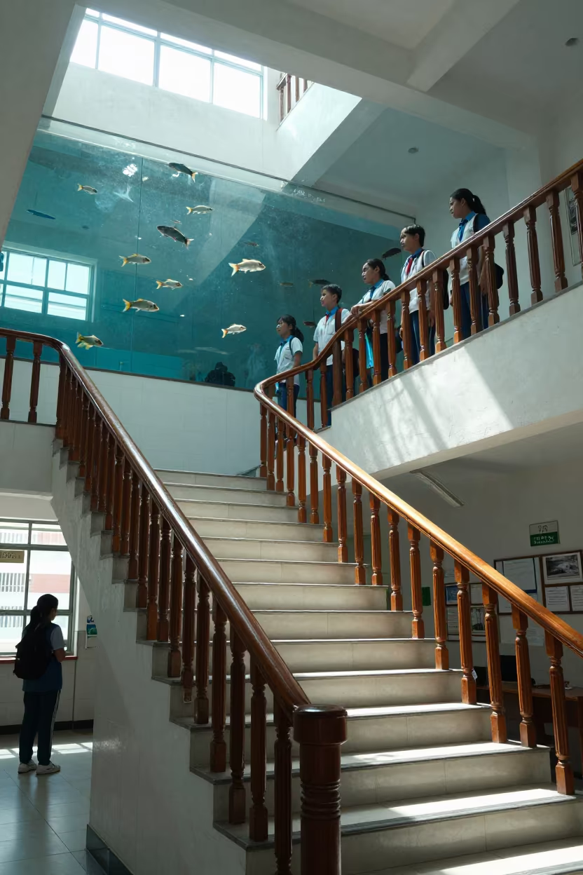 Tropical Fish Swimming in School Staircase Hallway in inside an art classroom in Daule