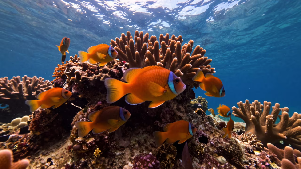 Tropical Fish Swirl Around Coral Head in beneath a reef ledge in tropical shallows near Belize City