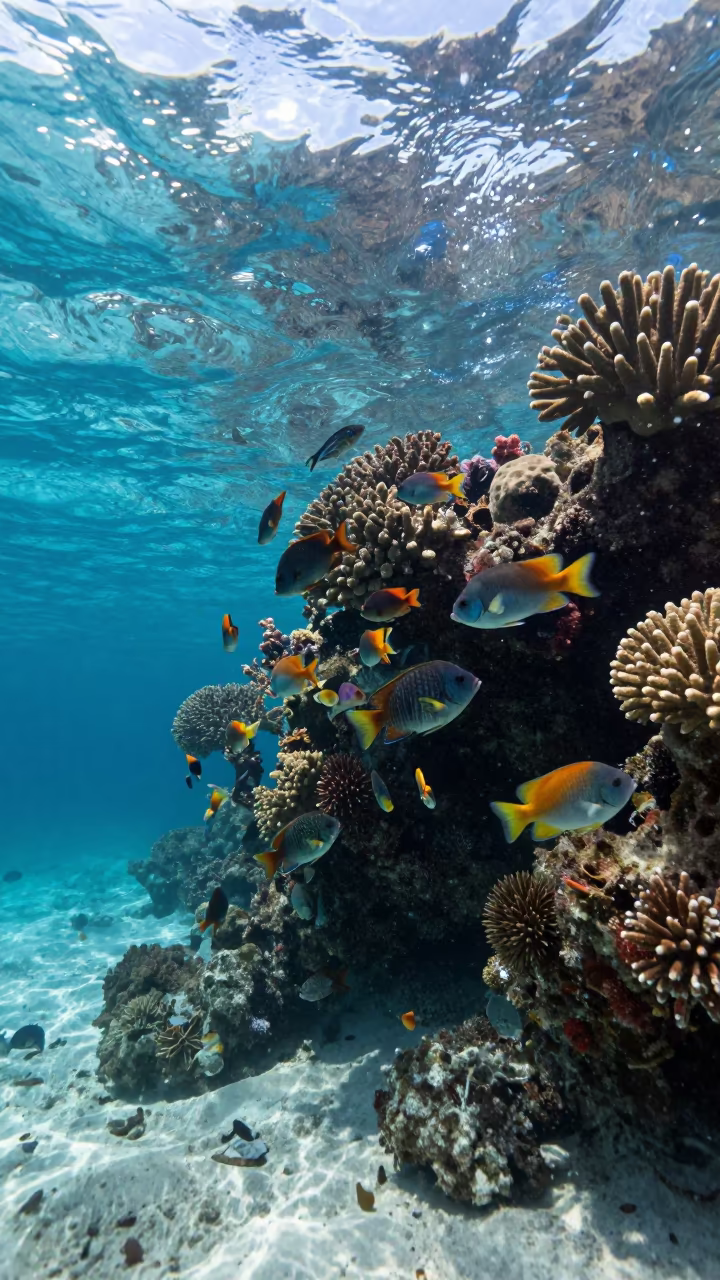 Tropical Fish Swirl Around Coral Head in beside a reef crevice under clear water near Zanzibar