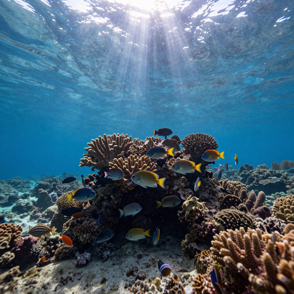 Tropical Fish Swirling Around Coral Head in beneath a reef ledge in tropical shallows near Stone Town